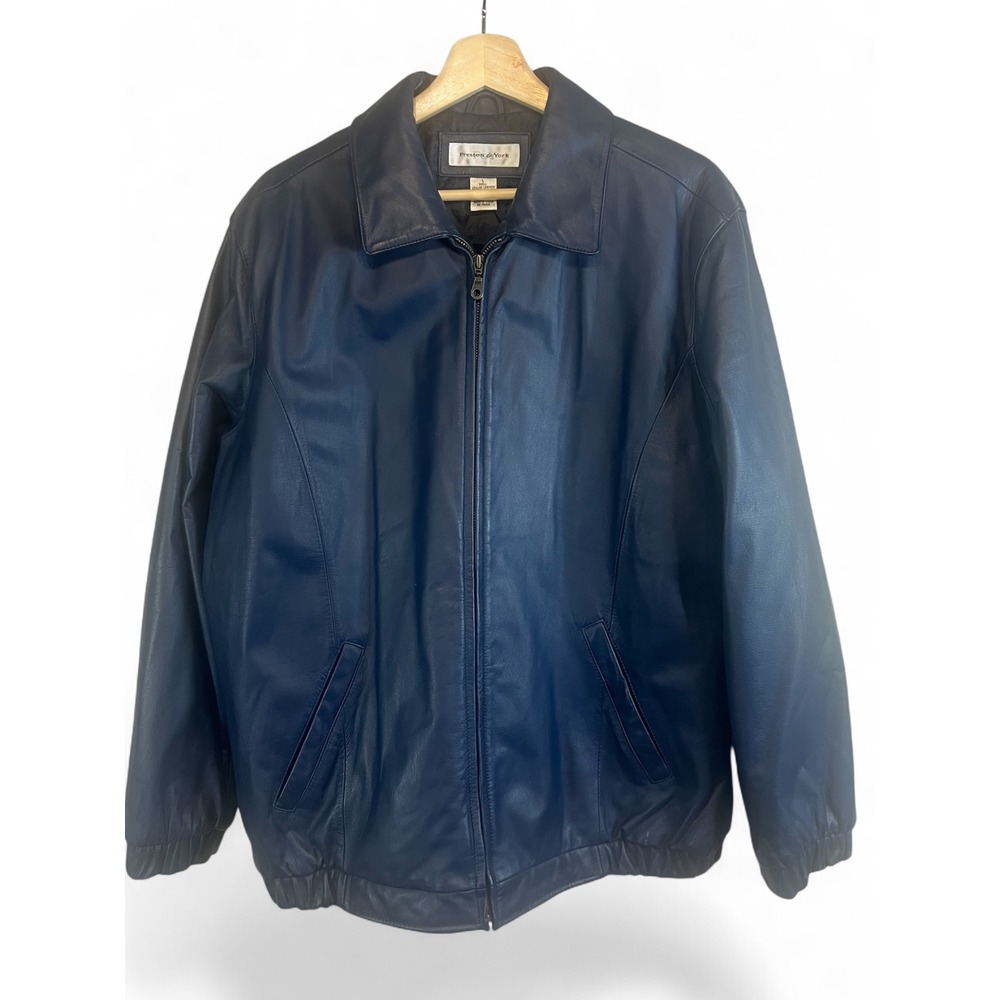 Preston & York Navy Blue Genuine Leather Jacket Mens Large Full Zip Bomber